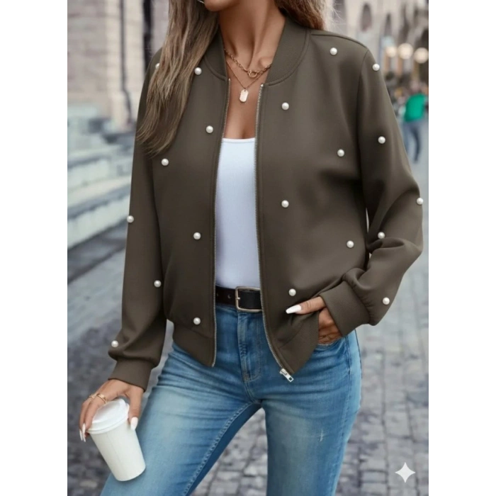 Kadın Uzun Kollu önden Fermuarlı Incili Kısa Modal Ceket