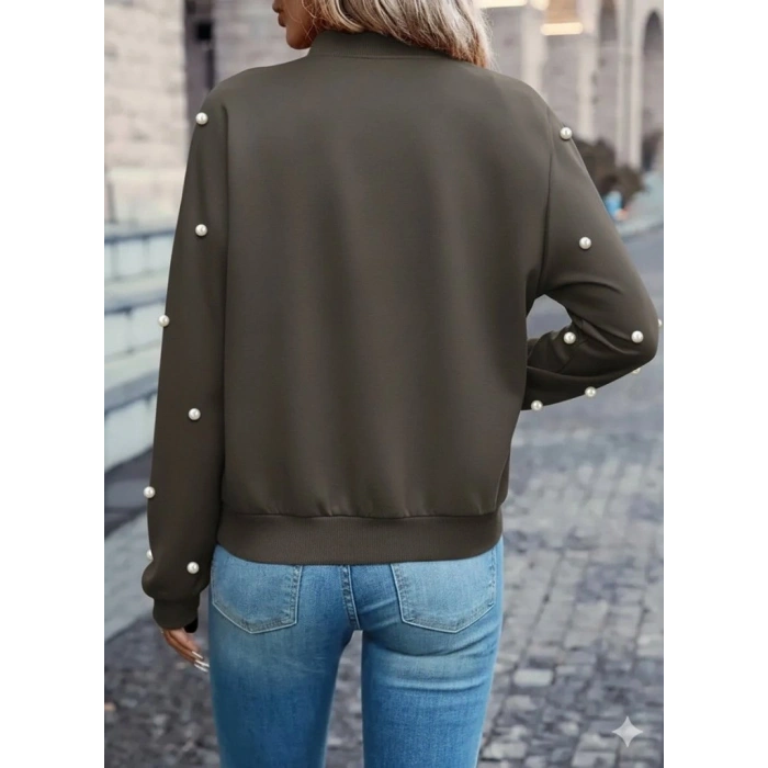 Kadın Uzun Kollu önden Fermuarlı Incili Kısa Modal Ceket