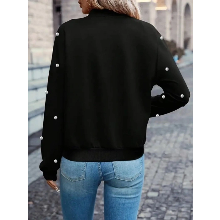 Kadın Uzun Kollu önden Fermuarlı Incili Kısa Modal Ceket