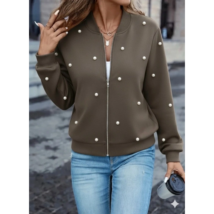 Kadın Uzun Kollu önden Fermuarlı Incili Kısa Modal Ceket