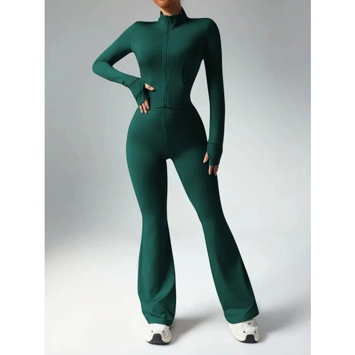 Kadın Uzun Kollu önden Fermuarlı Kısa Dalgıç Bluz Ve Pantolon Ikili Takım