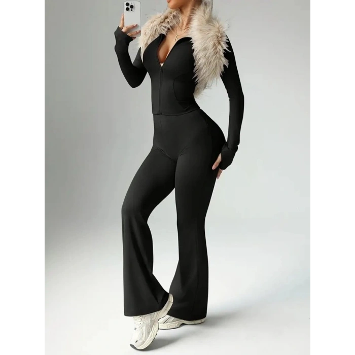 Kadın Uzun Kollu önden Fermuarlı Kısa Dalgıç Bluz Ve Pantolon Ikili Takım