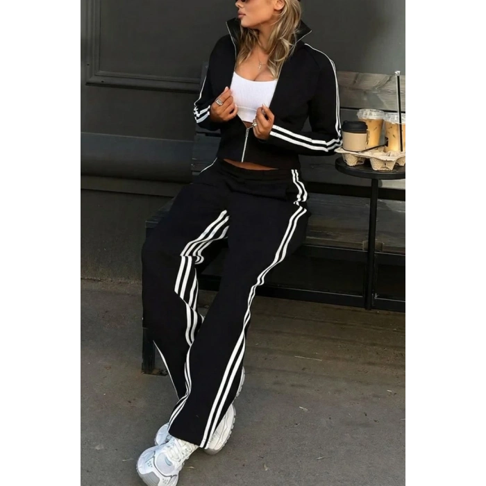 Kadın Uzun Kollu önden Fermuarlı Kısa Viskon Iki Iplik Bluz Ve Pantolon Ikili Takım