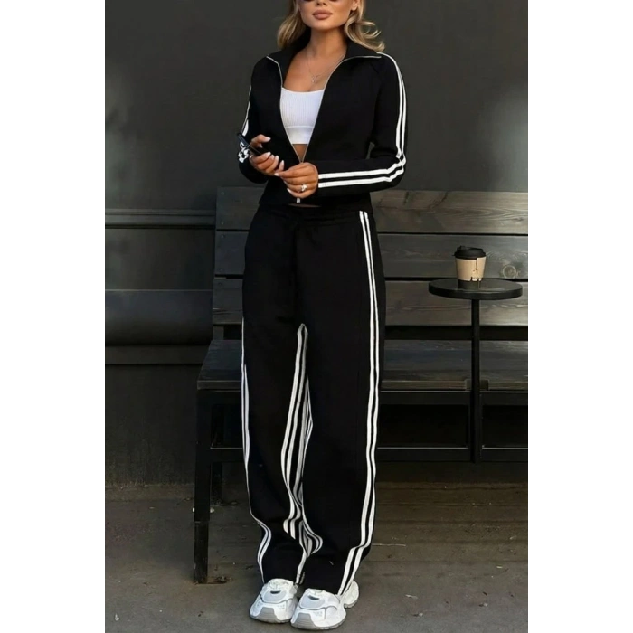 Kadın Uzun Kollu önden Fermuarlı Kısa Viskon Iki Iplik Bluz Ve Pantolon Ikili Takım