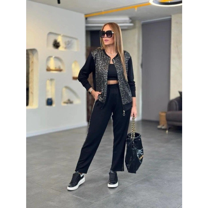 Kadın Uzun Kollu önden Fermuarlı Leopar Desenli Viskon Iki Iplik Bluz Ve Pantolon Ikili Takım