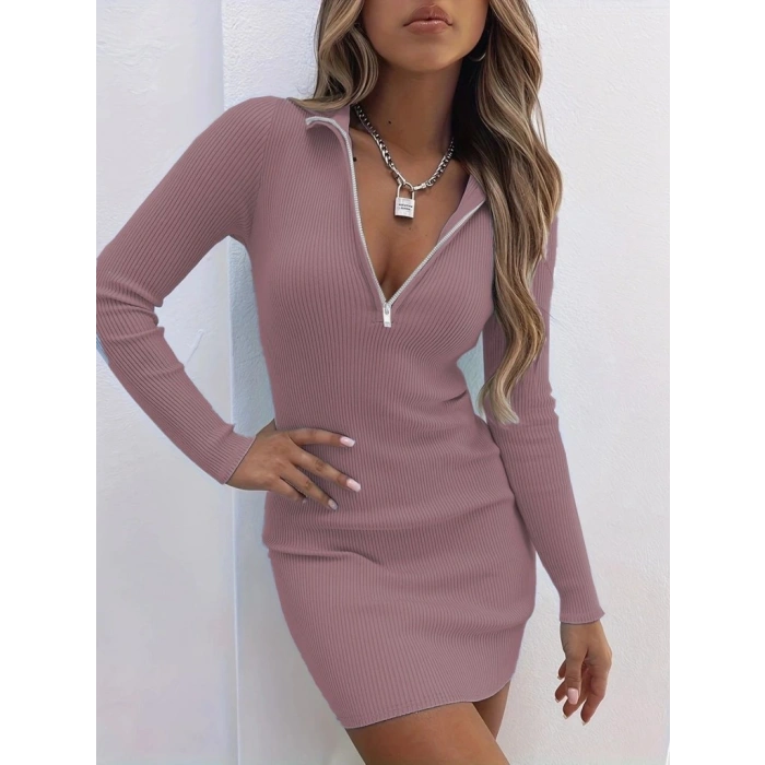 Kadın Uzun Kollu önden Fermuarlı Mini Kaşkorse Elbise