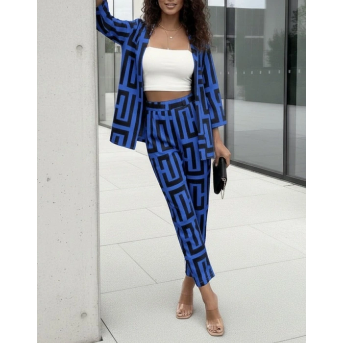 Kadın Uzun Kollu önü Açık Desenli Iki Iplik Ceket Ve Pantolon Ikili Takım