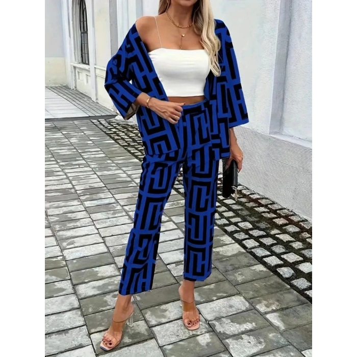 Kadın Uzun Kollu önü Açık Desenli Iki Iplik Ceket Ve Pantolon Ikili Takım