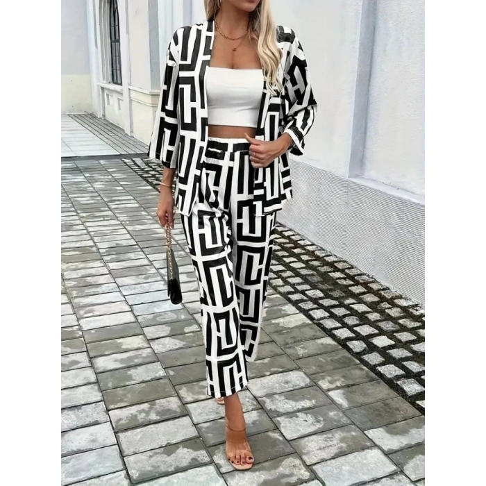 Kadın Uzun Kollu önü Açık Desenli Iki Iplik Ceket Ve Pantolon Ikili Takım