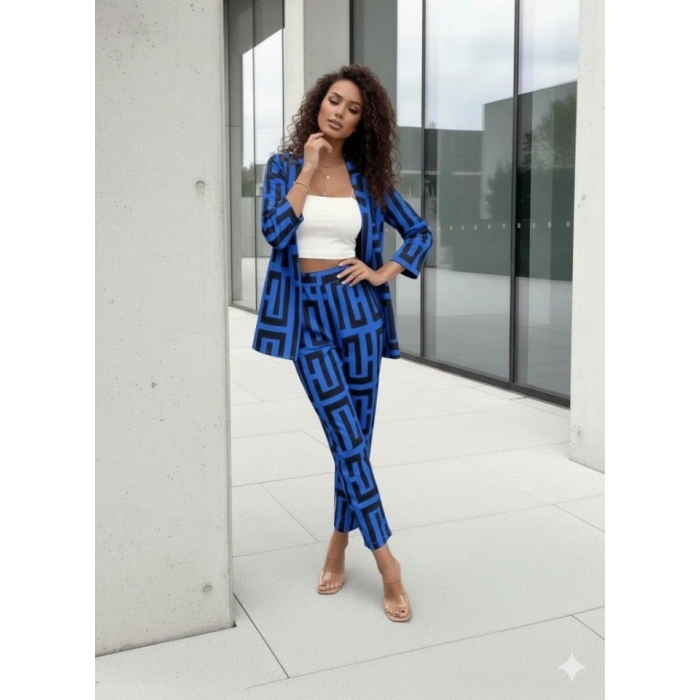 Kadın Uzun Kollu önü Açık Desenli Iki Iplik Ceket Ve Pantolon Ikili Takım