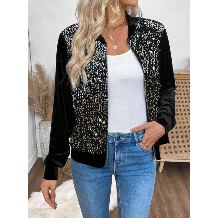 Kadın Uzun Kollu önü Açık Fermuarlı Pulpayetli Kadife Ceket