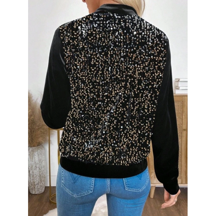 Kadın Uzun Kollu önü Açık Fermuarlı Pulpayetli Kadife Ceket