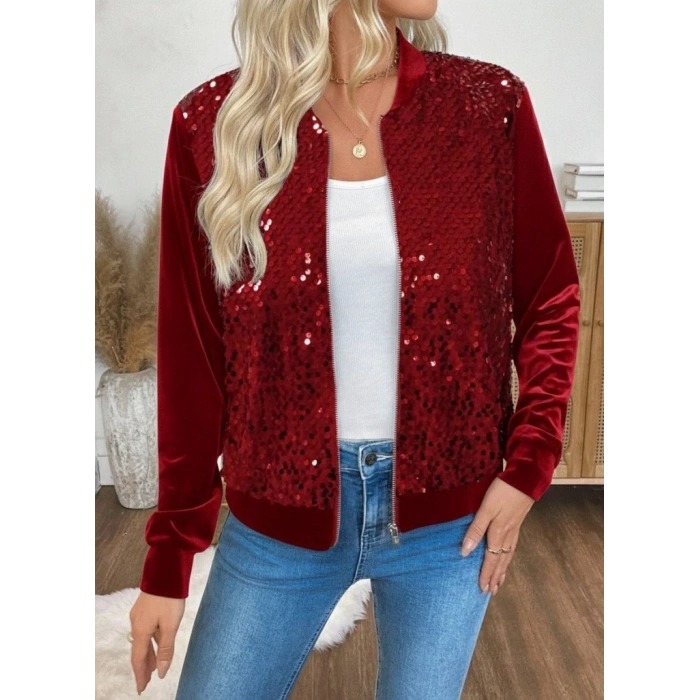 Kadın Uzun Kollu önü Açık Fermuarlı Pulpayetli Kadife Ceket