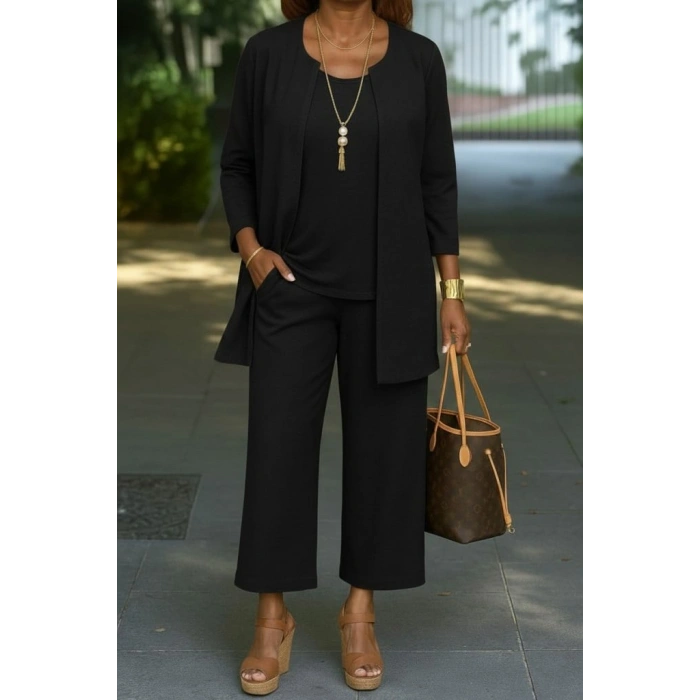 Kadın Uzun Kollu önü Açık Modal Ceket Kolsuz Viskon Iki Iplik Bluz Ve Pantolon üçlü Takım