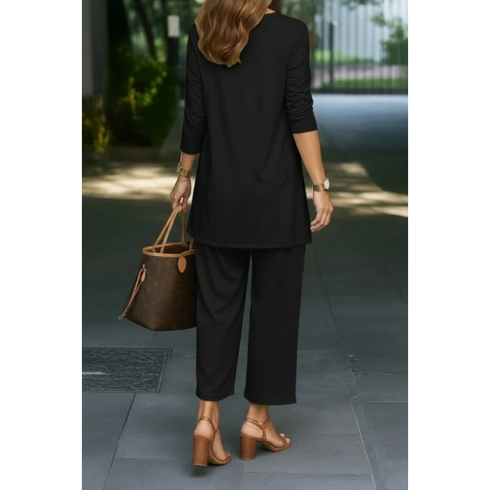 Kadın Uzun Kollu önü Açık Modal Ceket Kolsuz Viskon Iki Iplik Bluz Ve Pantolon üçlü Takım