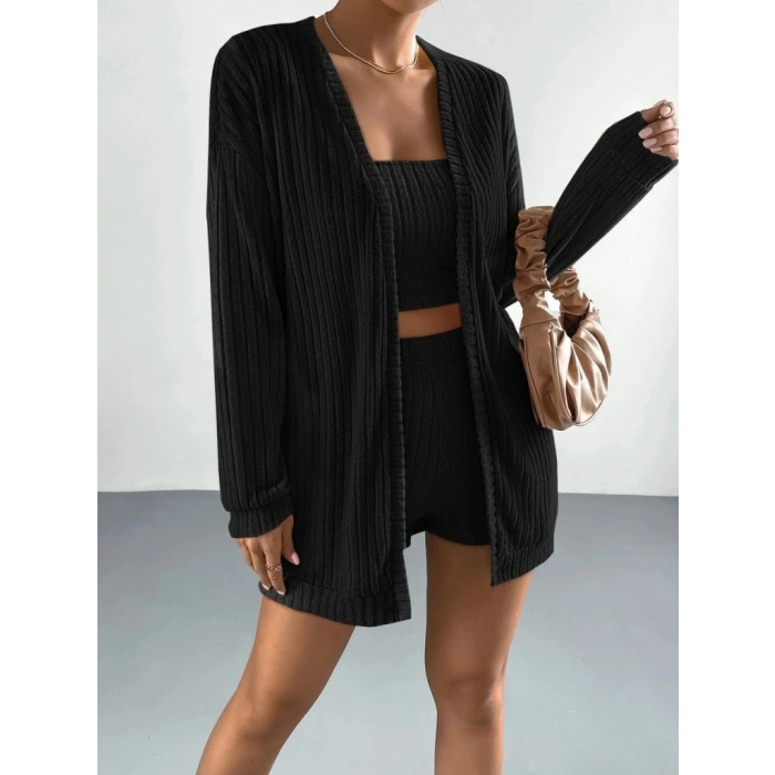 Kadın Uzun Kollu önü Açık şardonlu Kaşkorse Ceket Büstiyer Ve Short üçlü Takım