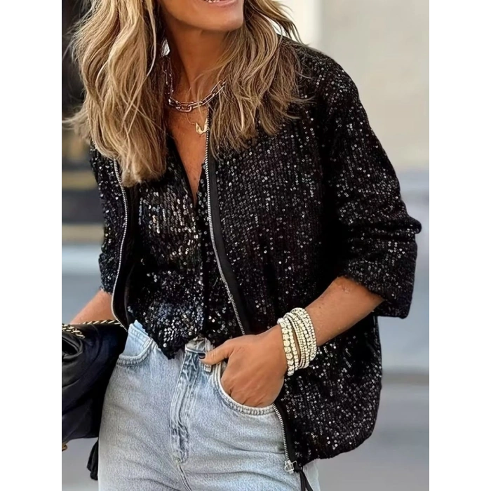 Kadın Uzun Kollu önü Fermuarlı Kısa Pulpayet Ceket