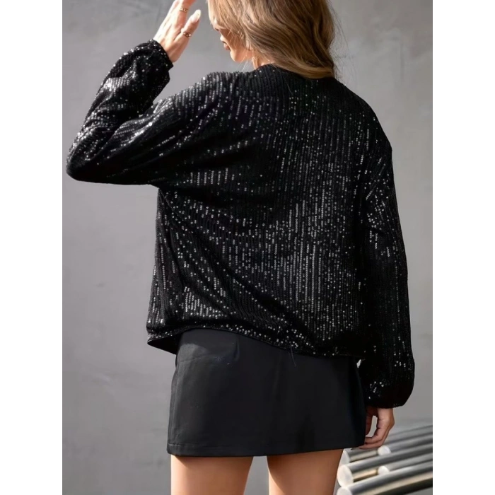 Kadın Uzun Kollu önü Fermuarlı Kısa Pulpayet Ceket