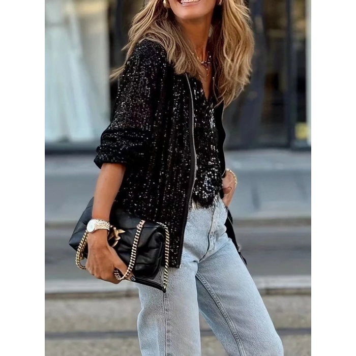 Kadın Uzun Kollu önü Fermuarlı Kısa Pulpayet Ceket