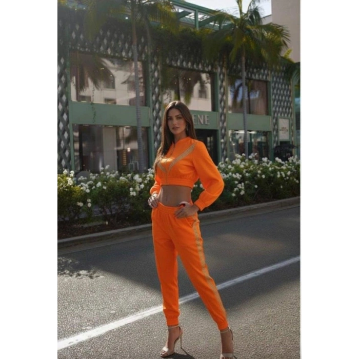 Kadın Uzun Kollu önü şerit Detay Kısa Ceket Ve Pantolon Ikili Takım