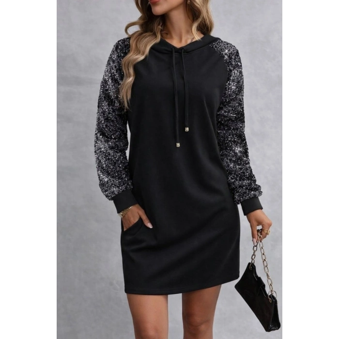 Kadın Uzun Kollu Pulpayetli Bağcıklı Cep Detaylı Mini Viskon Iki Iplik Elbise