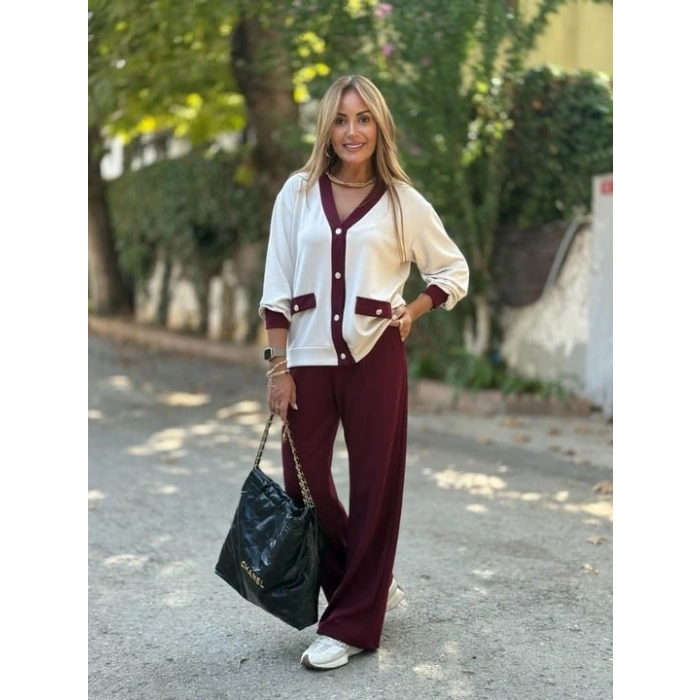 Kadın Uzun Kollu Ribanali Cep Detay Hırka Ve Bol Paça Pantolon Ikili Takım