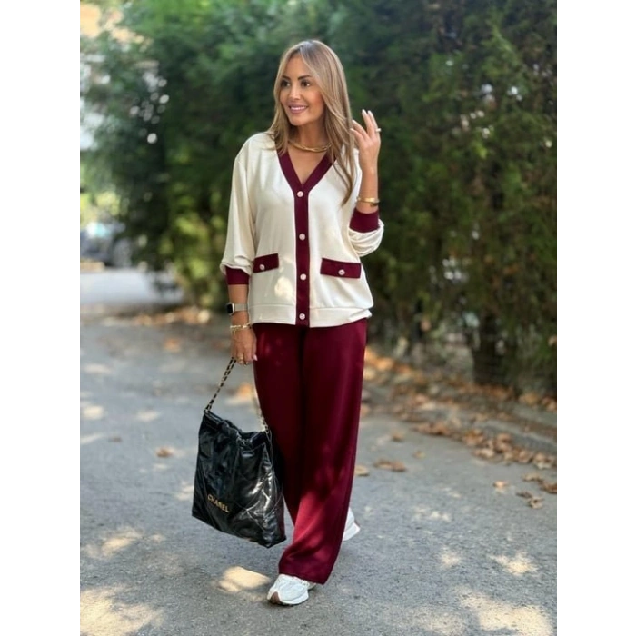 Kadın Uzun Kollu Ribanali Cep Detay Hırka Ve Bol Paça Pantolon Ikili Takım