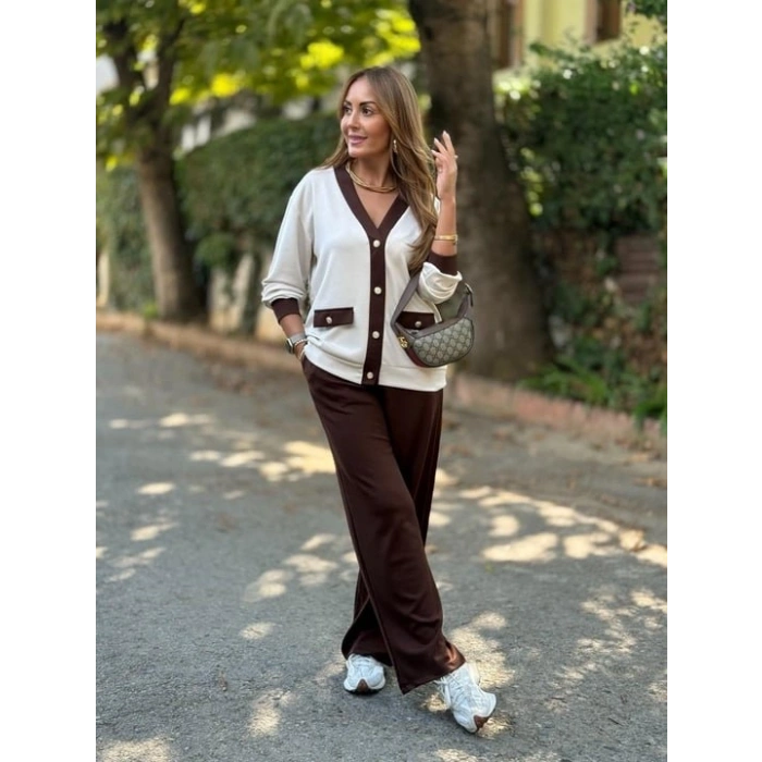 Kadın Uzun Kollu Ribanali Cep Detay Hırka Ve Bol Paça Pantolon Ikili Takım