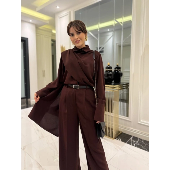 Kadın Uzun Kollu şal Detaylı Bluz Ve Pantolon Kemer Dahil Ikili Takım
