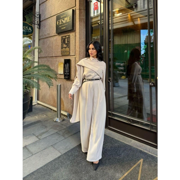 Kadın Uzun Kollu şal Detaylı Bluz Ve Pantolon Kemer Dahil Ikili Takım