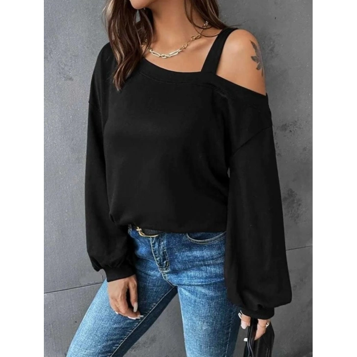 Kadın Uzun Kollu Tek Omuz Askı Detay Salaş Viskon Iki Iplik Bluz