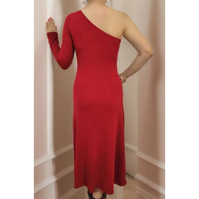 Kadın Uzun Kollu Tek Omuz Detay Krep Elbise