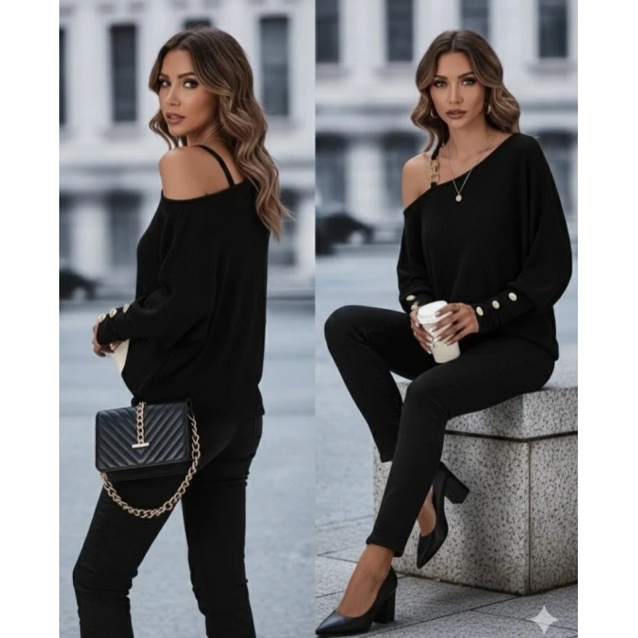 Kadın Uzun Kollu Tek Omuzdan Açık Askı Detaylı Waffle Bluz