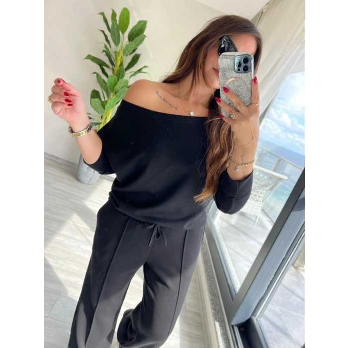 Kadın Uzun Kollu Tek Omuzdan Açık Modal Bluz Ve Pantolon Ikili Takım