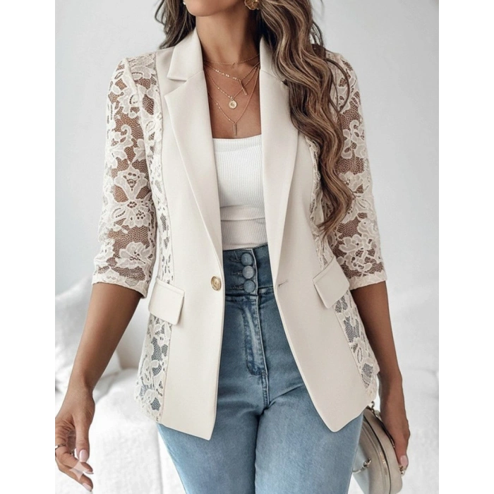 Kadın Uzun Kollu Truvakar Kol önden Düğmeli Cepli Dantelli Atlas Ceket