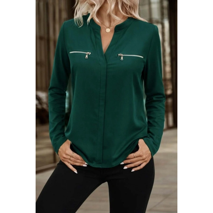 Kadın Uzun Kollu V Hakim Yaka Fermuar Detaylı Viskon Bluz