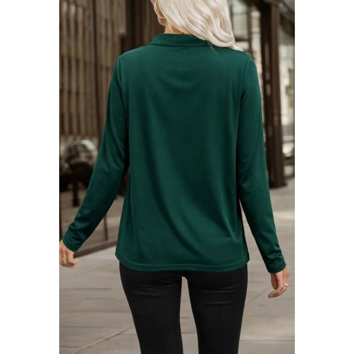 Kadın Uzun Kollu V Hakim Yaka Fermuar Detaylı Viskon Bluz