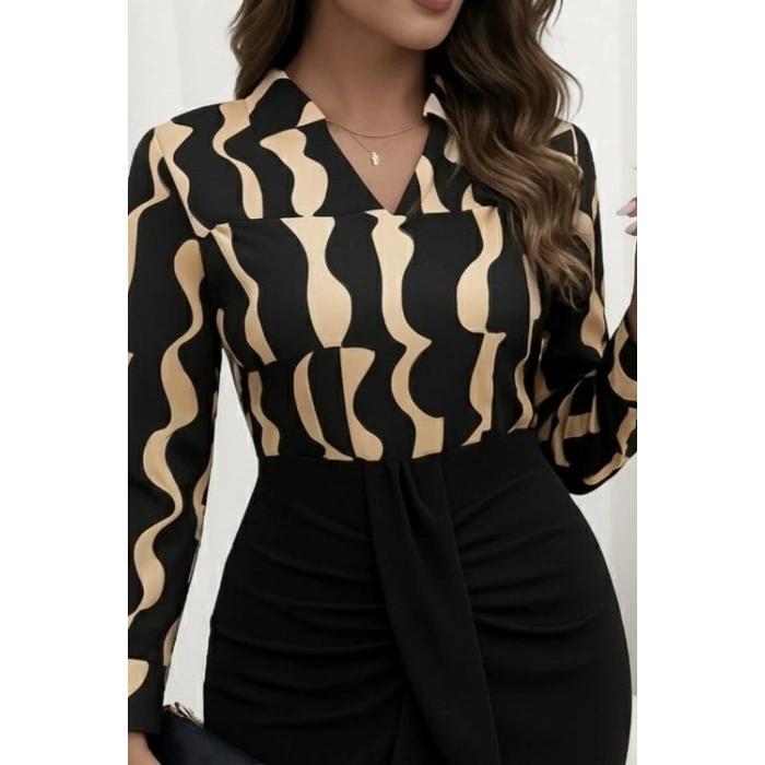 Kadın Uzun Kollu V Hakim Yakalı Desenli Dalgıç Bluz Ve önden Büzgülü Krep Ikili Takım