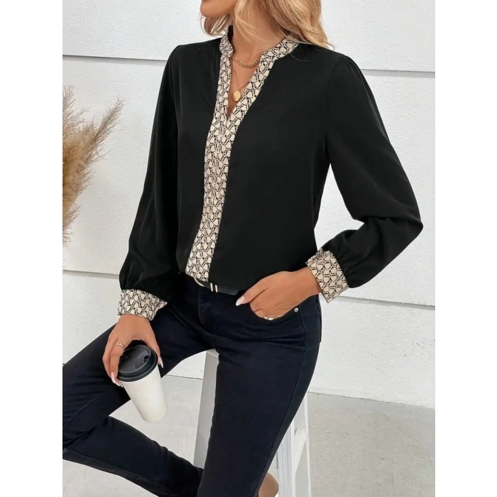 Kadın Uzun Kollu V Hakim Yakalı Desenli Ithal Krep Bluz