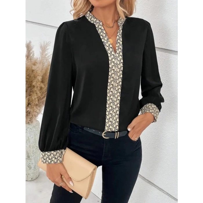 Kadın Uzun Kollu V Hakim Yakalı Desenli Ithal Krep Bluz