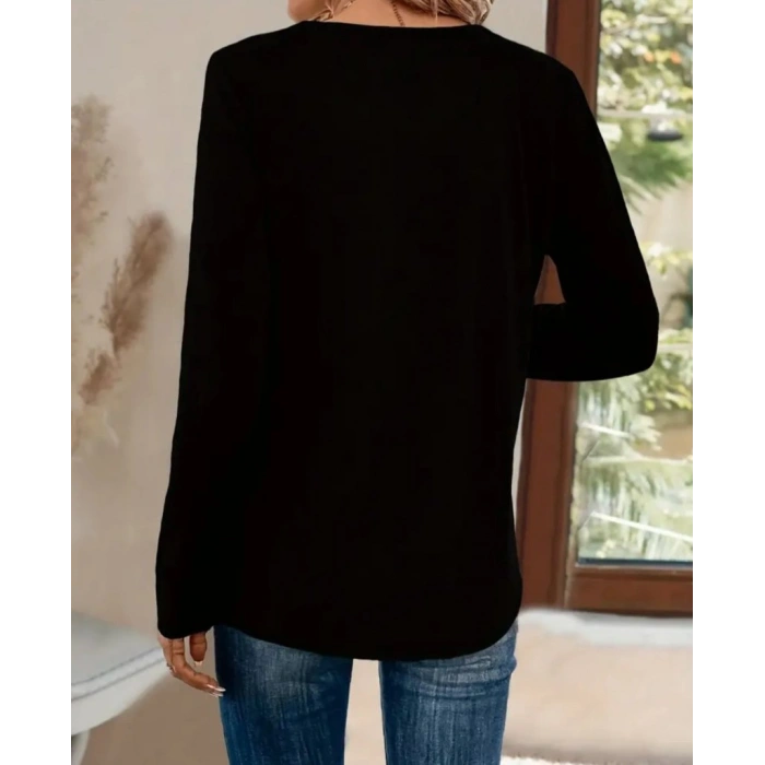 Kadın Uzun Kollu V Payet Yakalı Viskon Bluz