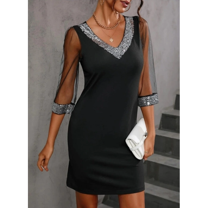 Kadın Uzun Kollu V Yaka Ve Kol Ucu Pul Payet Krep Elbise