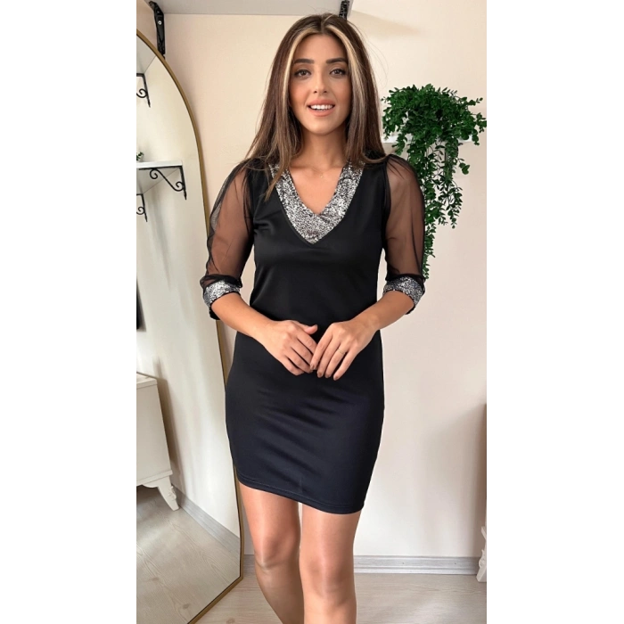 Kadın Uzun Kollu V Yaka Ve Kol Ucu Pul Payet Krep Elbise