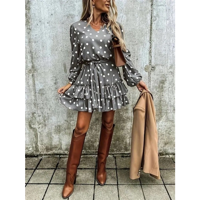 Kadın Uzun Kollu V Yakalı Belden Kuşaklı Puantiyeli Mini Modal Elbise