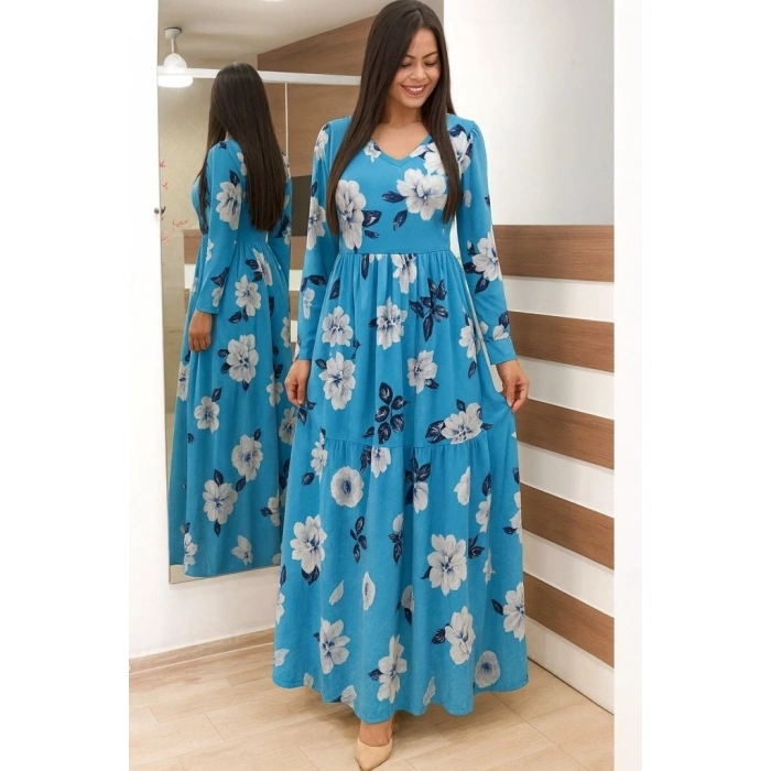 Kadın Uzun Kollu V Yakalı çiçek Desenli Maxi Süprem Elbise