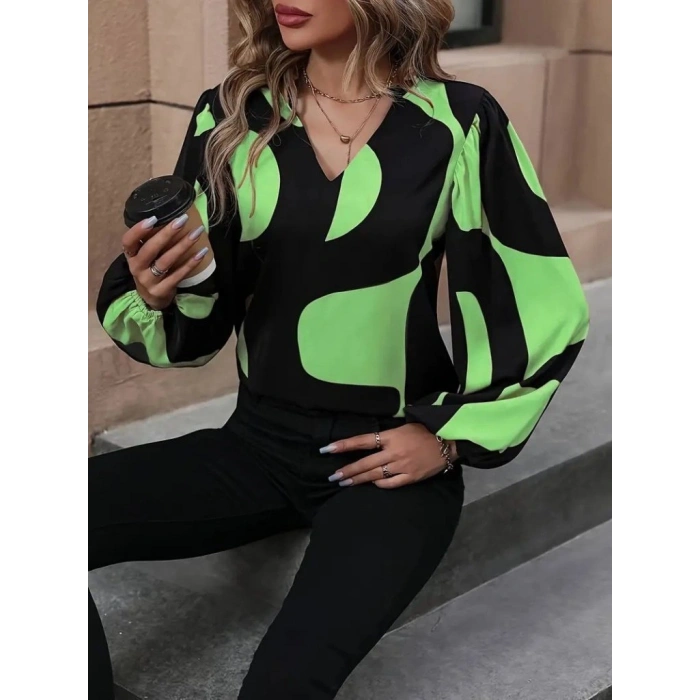 Kadın Uzun Kollu V Yakalı Desenli Modal Bluz