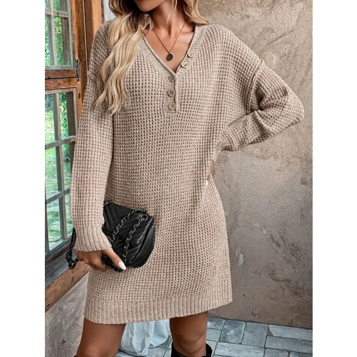 Kadın Uzun Kollu V Yakalı Düğmeli Mini Triko Taş Renkli Elbise