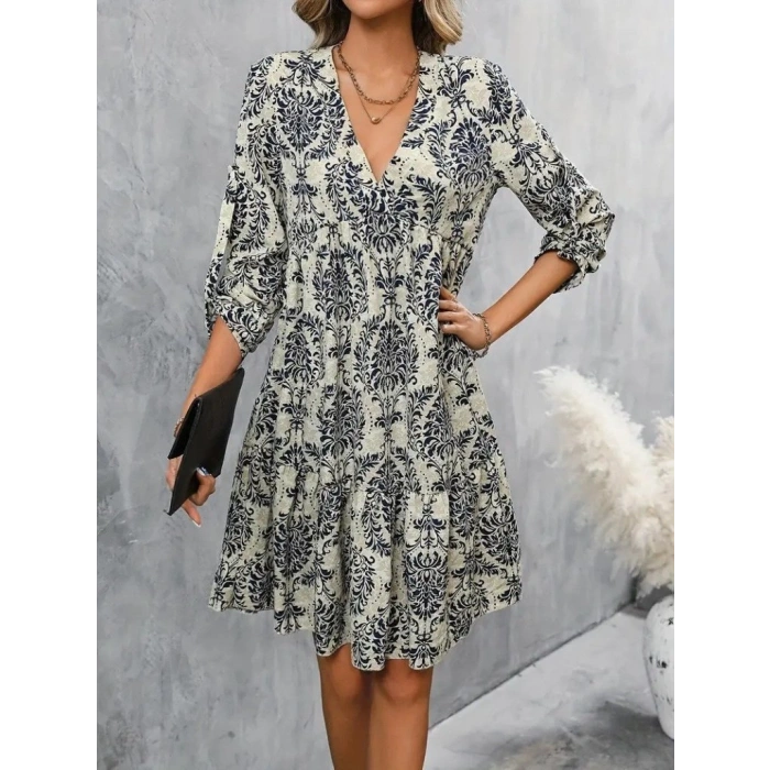 Kadın Uzun Kollu V Yakalı Fırfırlı Mini Süprem Elbise