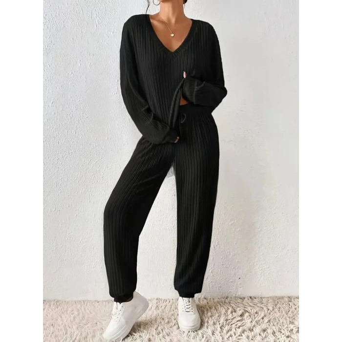 Kadın Uzun Kollu V Yakalı Kaşkorse Bluz Ve Pantolon Ikili Takım