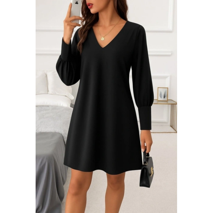 Kadın Uzun Kollu V Yakalı Kısa Ithal Krep Elbise